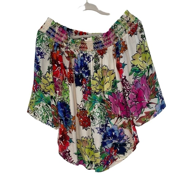 Karen Kane flowy multi color floral print smocked off‎ shoulder top. Size M - Picture 2 of 8